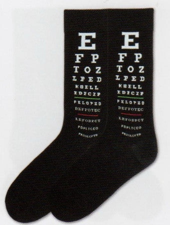 K Bell Mens Eye Chart Socks starts on a Black background with White Letters starting with the Largest E. Then they descend down the chart with one Green Line and One Red Line to check for color blindness.
