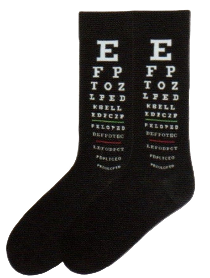 K Bell Mens Eye Chart Socks starts on a Black background with White Letters starting with the Largest E. Then they descend down the chart with one Green Line and One Red Line to check for color blindness.