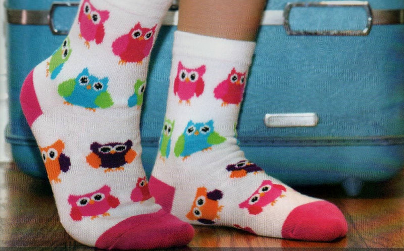 K Bell Girls Colorful Owls Sock on Model. 