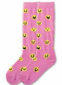 K Bell Girls Emoticons Knee High is Pink with all kinds of Yellow Happy Faces 