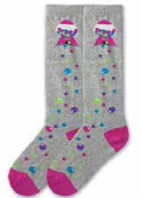 K Bell makes a Knee High for Girls with a Grey background, Fuchsia Heels and Toes. A Gumball Machine at the top drops Gumballs all down the sock!