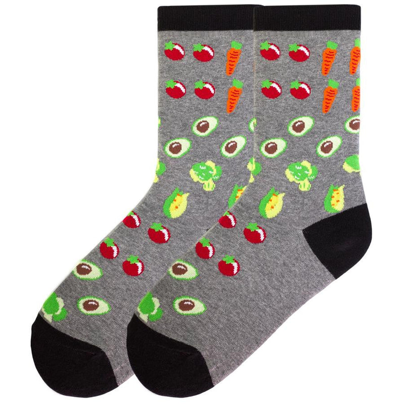 K Bell Go Veggies Sock begins with a Heather Grey background. The Cuffs, Heels and Toes are Black. From Cuff to Toes are Tomatoes, Carrots, Avocados, Broccoli, Lettuce and then the pattern repeats.