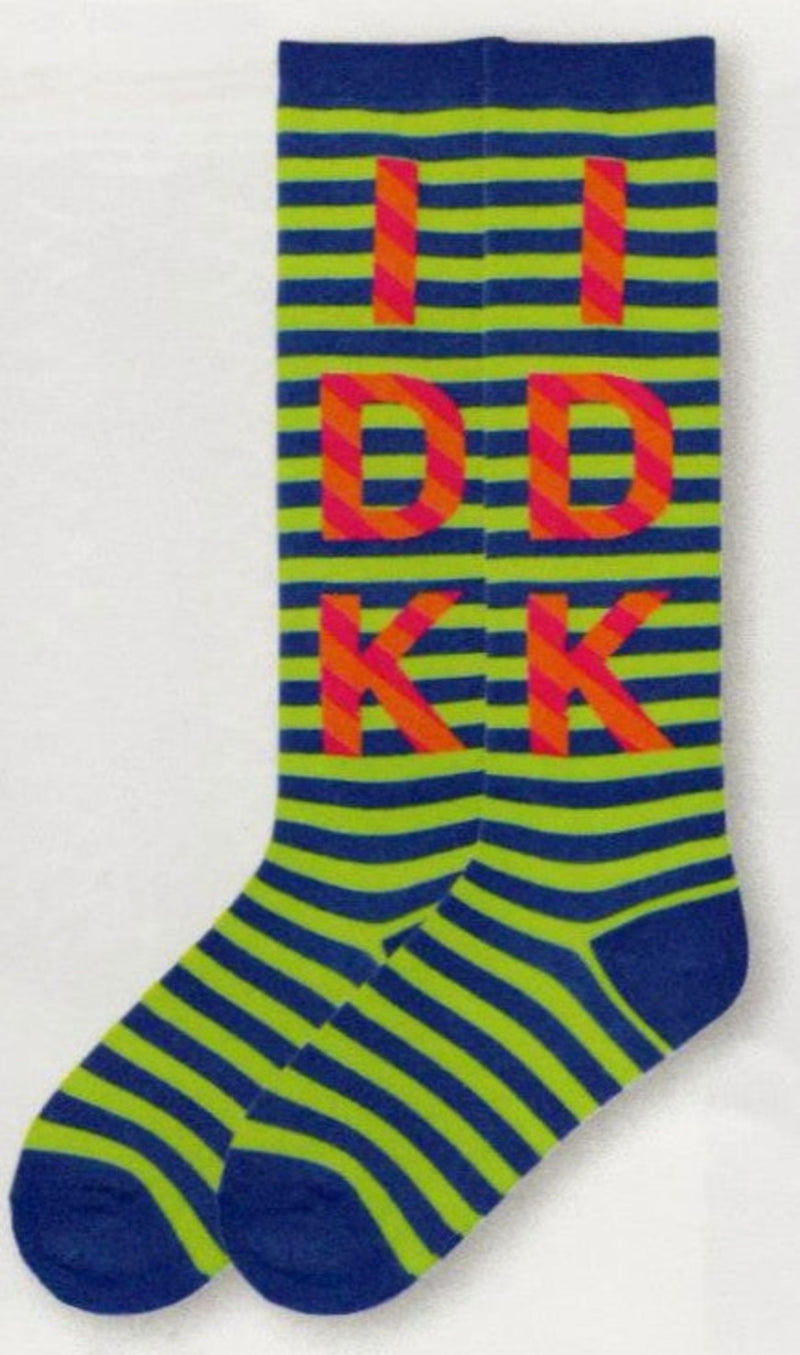 K Bell uses Bright Colored Rows of Blue and Lime Green Horizontal and Orange and Magenta on the Diagonal which makes your eye focus on the IDK.