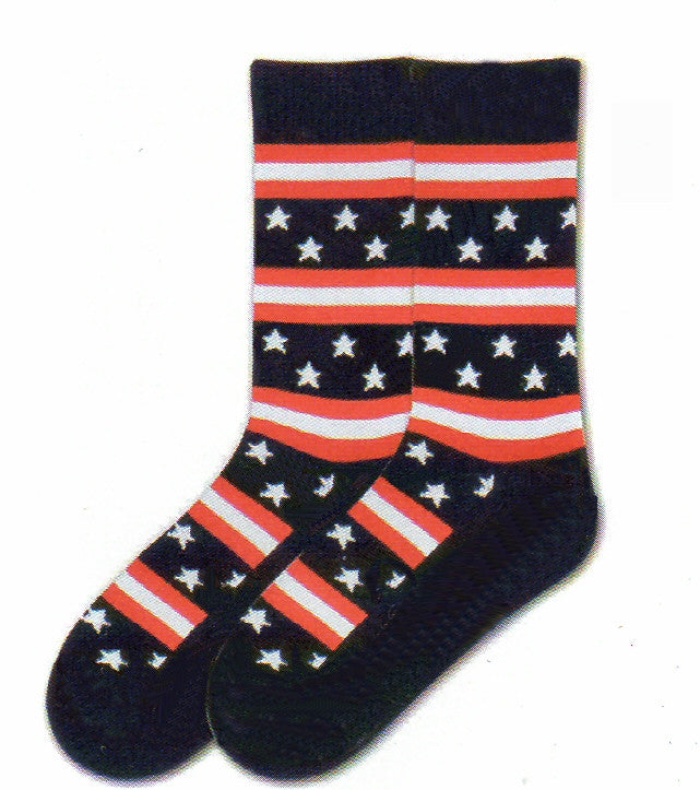 K Bell American Made Mens Stars and Stripes is another way to wear your Flag in Americana Style. Red, White and Blue are broken up with Five Point White Stars on Navy background then Red and White Stripes. Cuffs, Heels and bottom of the Foot and Toes are all Navy.