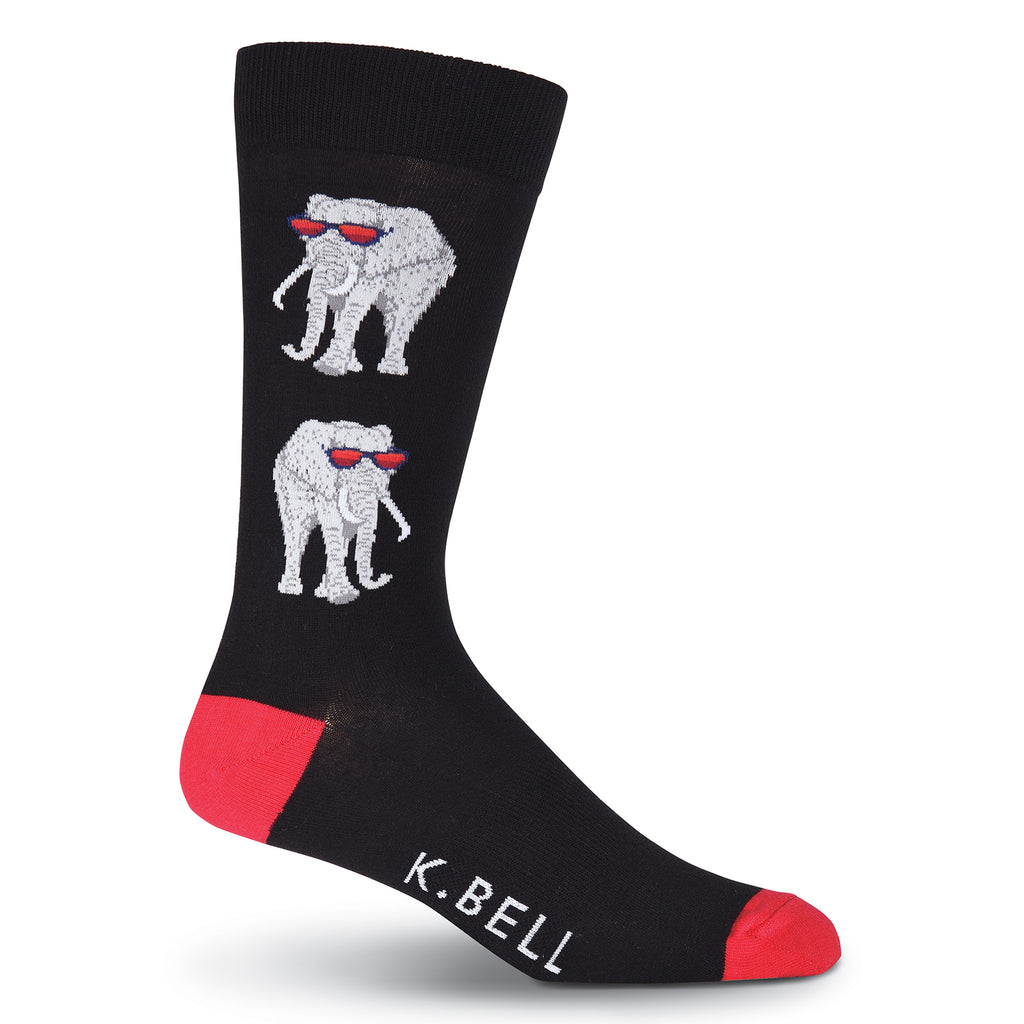 K Bell Mens Elephants with Shades begins with a Black background and Red Heels and Toes. There are Two Elephants that are Light Grey and Medium Grey for Detail. White is for their Tusks. They are wearing the newest Trend Shades. These Shades are Cool and Red.