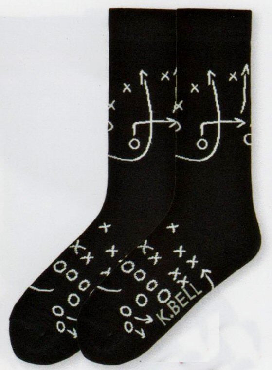 K Bell Mens Game Plan Socks starts simple on Black background with White Lines X's and O's. This shows a Game Plan Play for football.