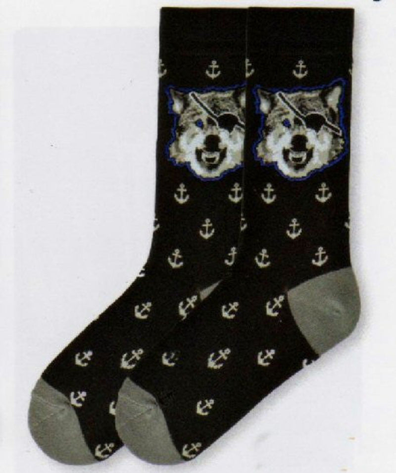 Sea Wolf Sock has a Black background with a Grey, White and Black Wolf at the top surrounded by Blue. Anchors are all around the Sock. Heels and Toes are Grey.