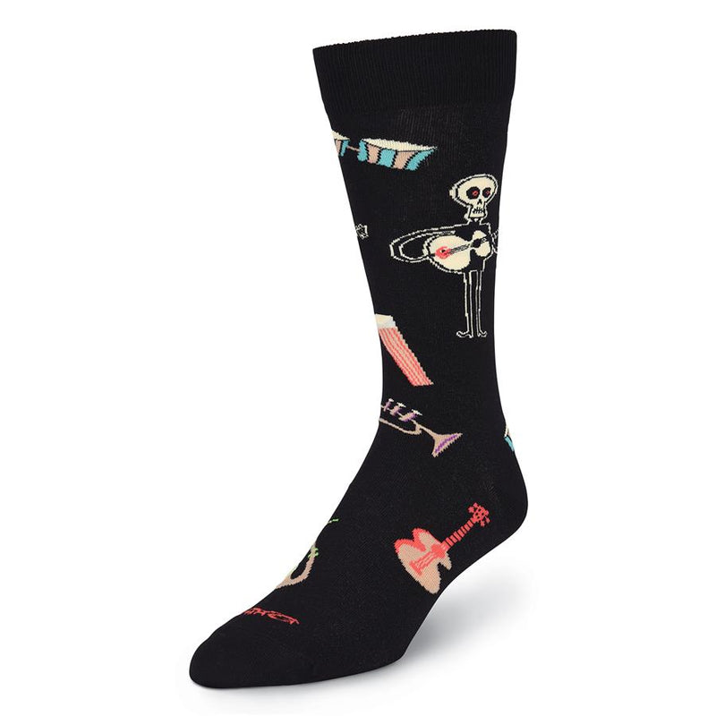 This View shows K Bell Mens Shag Instruments Sock at a different angle and gives you a look at other Instruments on the sock. Colors are Tan, Red, Cream, Blue, Purple and Green.