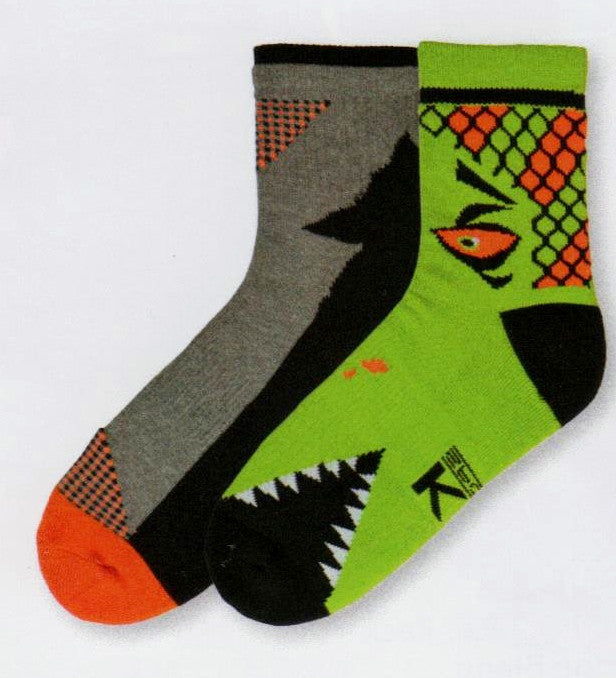 K Bell Mens Monster Bite Hi Top Crew Sock 2 Pair Pack is Green Glow with Orange and Black. Eye is Orange and Mouth is Black. The Second Sock continues the Monster in Black, Orange and Grey.