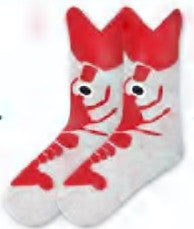 K Bell Kids Wide Mouth Lobster Sock starts with Grey Heather background. The Lobster is Maroon with body going up to Cuff. Cuff is the Large Front Claws.