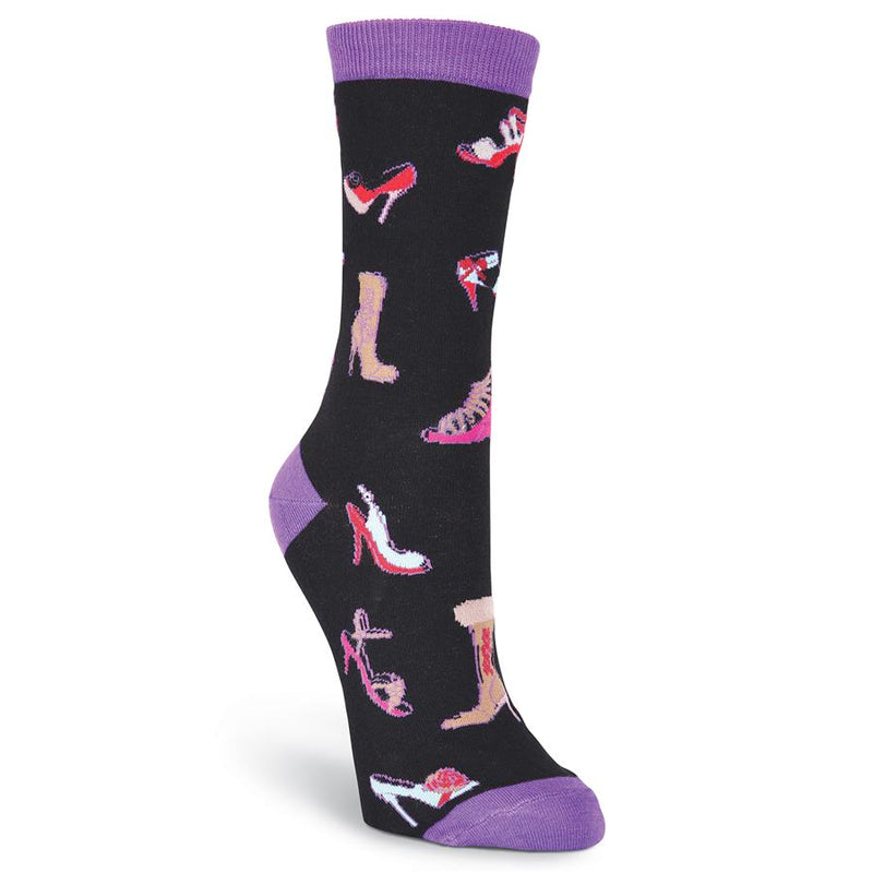 K Bell Womens All Over Shoes Socks has a wonderful selection of the types of shoes we wear. On a Black background with Purple Cuffs, Heels and Toes.