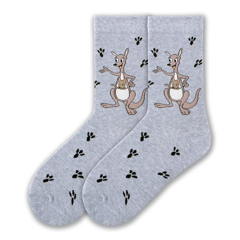 On a Heather Grey background at the welt of the sock you see a Kangaroo and her Joey Waving hello at you. There are Kangaroo foot prints all over the sock in black.