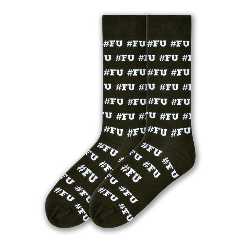 K Bell #FU Sock is an Acronym Sock and the Hashtag puts it in a space just for the people or thing you are saying it to! The Sock is on a Black background with White lettering and all it reads is, "#FU".