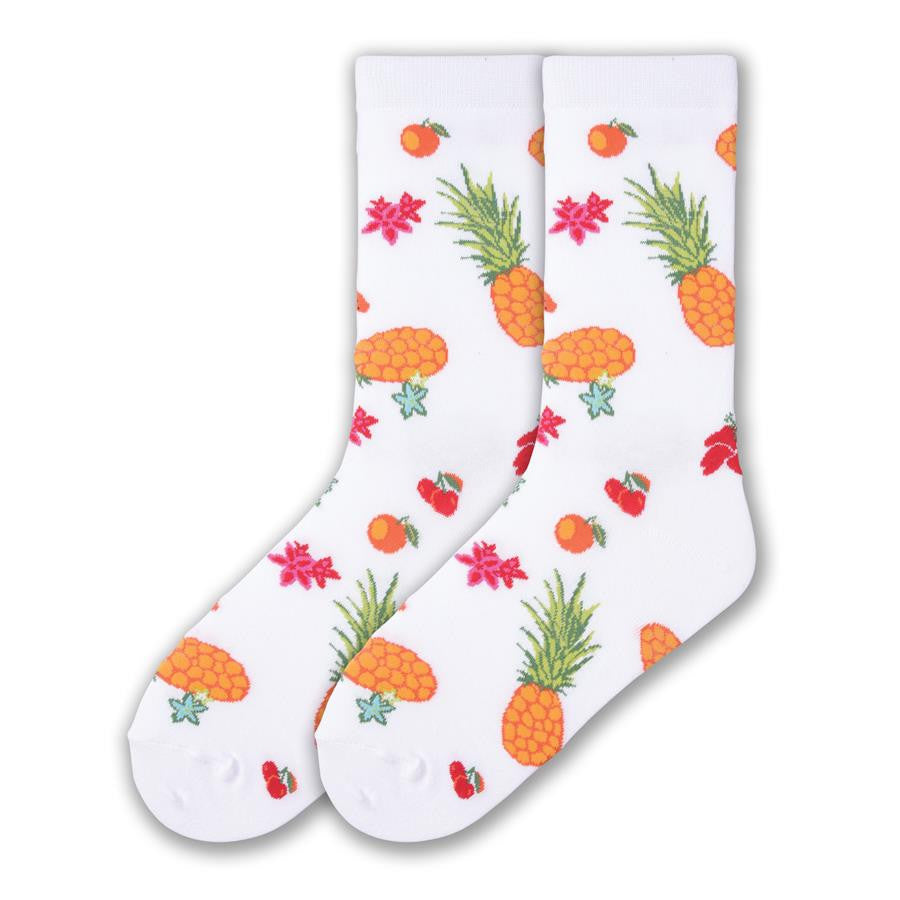 K Bell Tutti Fruitti Sock begins on a White background with colors of Bananas, Pineapples, Cherries, Oranges and Flowers of Orange, Red and Blue.