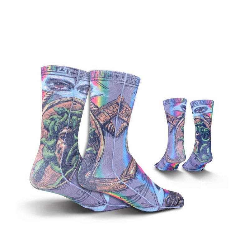 Kurb Medusa's Head on Sock form showing side and back with shield and eyes and rainbow prism.