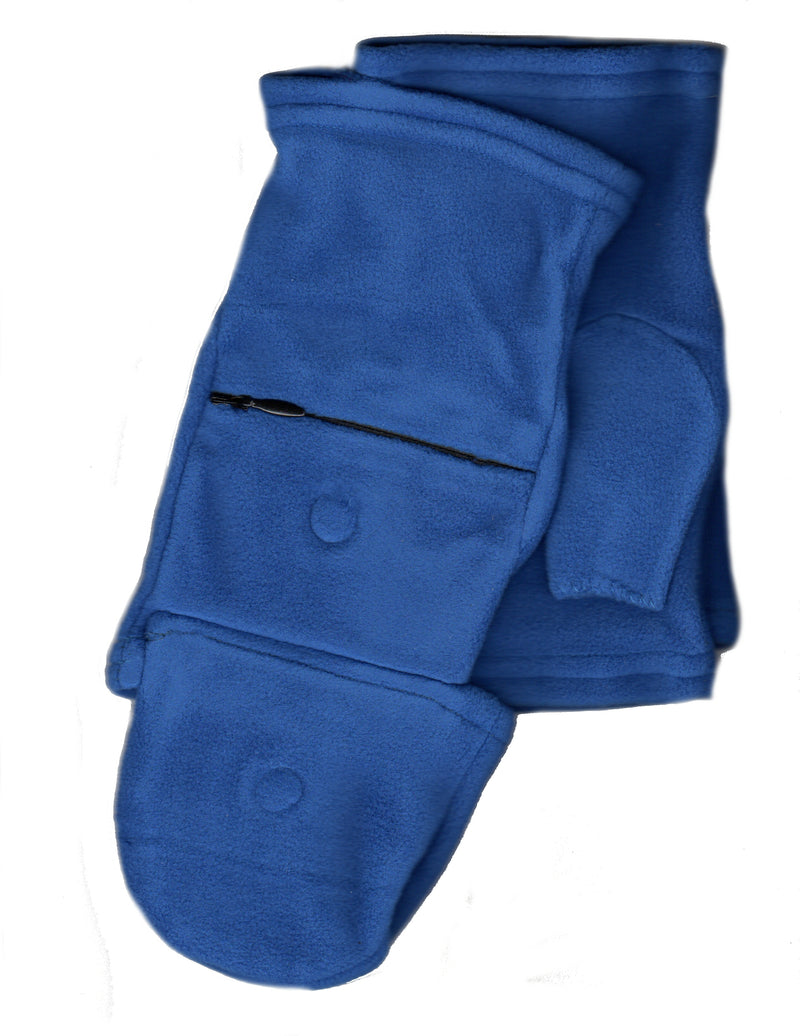Blue Lauer Fingerless Glove with Cap shows Zipper for pocket and magnet for closure.