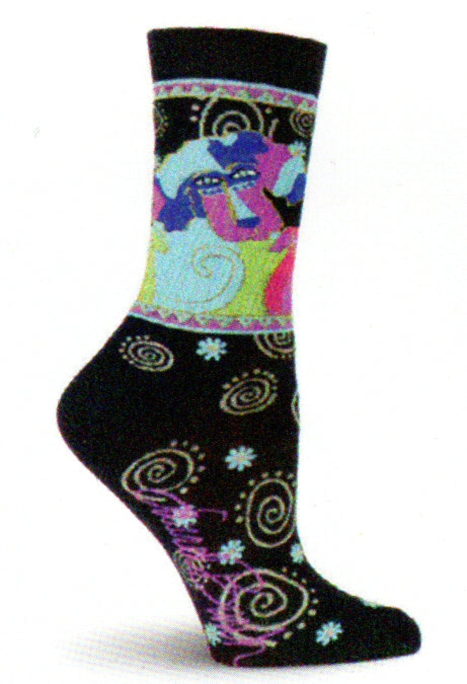 Laurel Burch Pup and Puppy Sock starts on a Black background with Laurel's swirls all over in Grey, along with Turquoise Flowers. The Cuff is edged by bunting of Triangles in Turquoise, Magenta and Gold Thread. The Pup and Puppies are below. They are in Turquoise, Indigo, Magenta, Pistachio, and Scarlet.