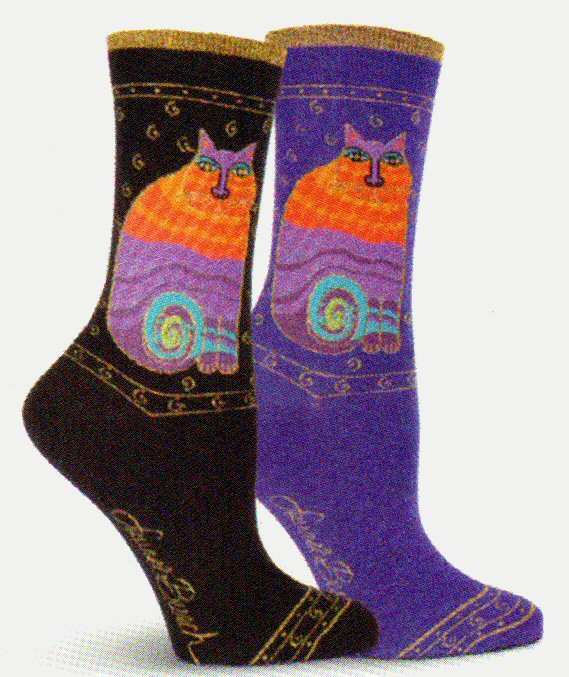 Shows both Rainbow Cats in the center of the sock on Black or Purple backgrounds. The Cats are in Oranges, Purples, Turquoise, Lime. Gold is on the top of the Cuff and all around the Sock.