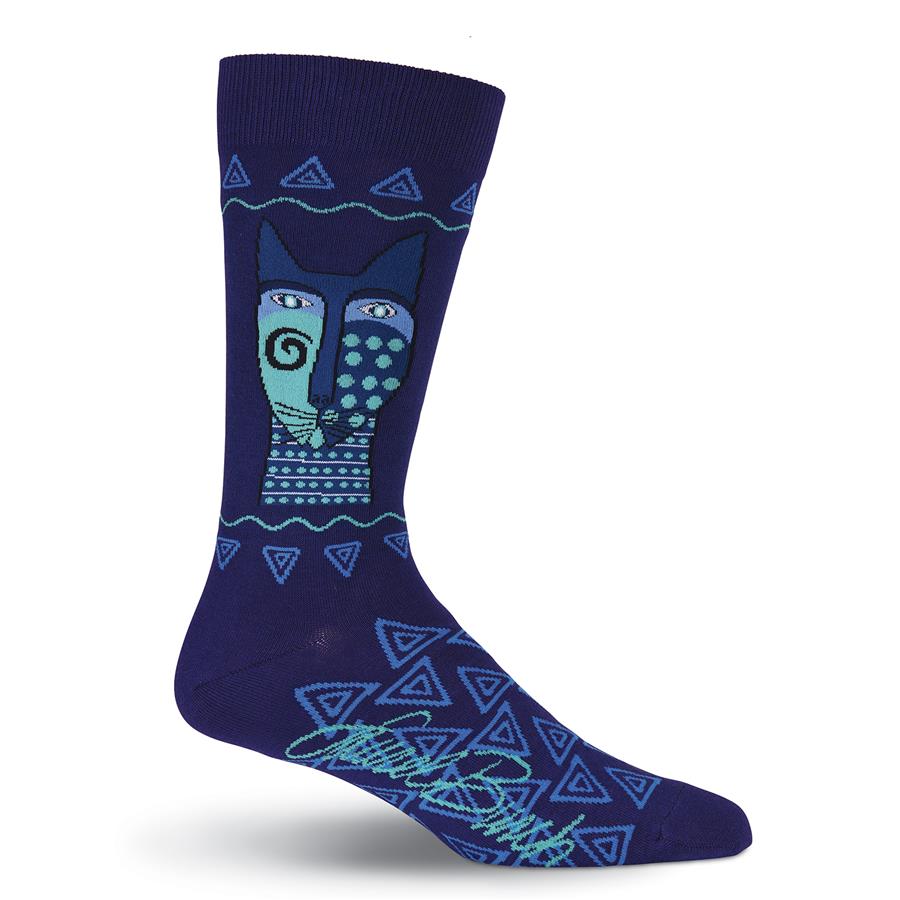 Laurel Burch Mens Blue Felines start on a Navy background with a Native Style Mask face staring out at you. Sea Blue and Cerulean with Indigo make up such a Wild looking Face with Black for outlines and Eyes Nose and Whiskers. There are waving lines and triangles all over in the same colors.