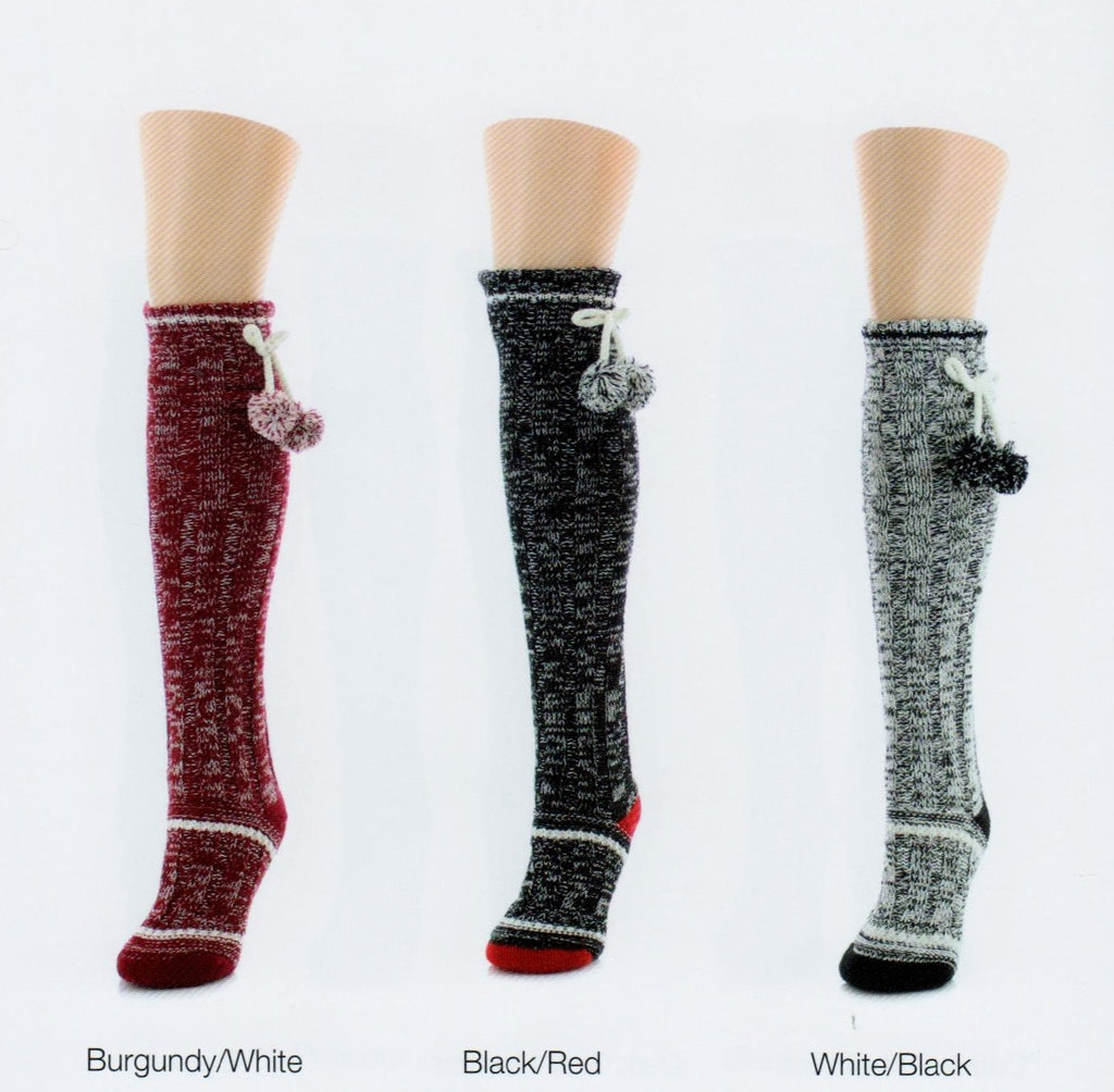 Knee High Lounge Socks with Non-Skid come with Sherpa Lining. They have Stripes at the bottom and one at the top and then looks like someone played with an etch-a-sketch on the rest of the sock. How Fun!