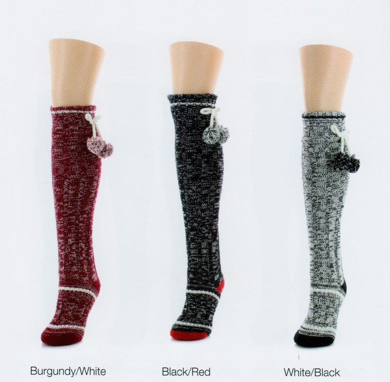 Knee High Lounge Socks with Non-Skid come with Sherpa Lining. They have Stripes at the bottom and one at the top and then looks like someone played with an etch-a-sketch on the rest of the sock. How Fun!