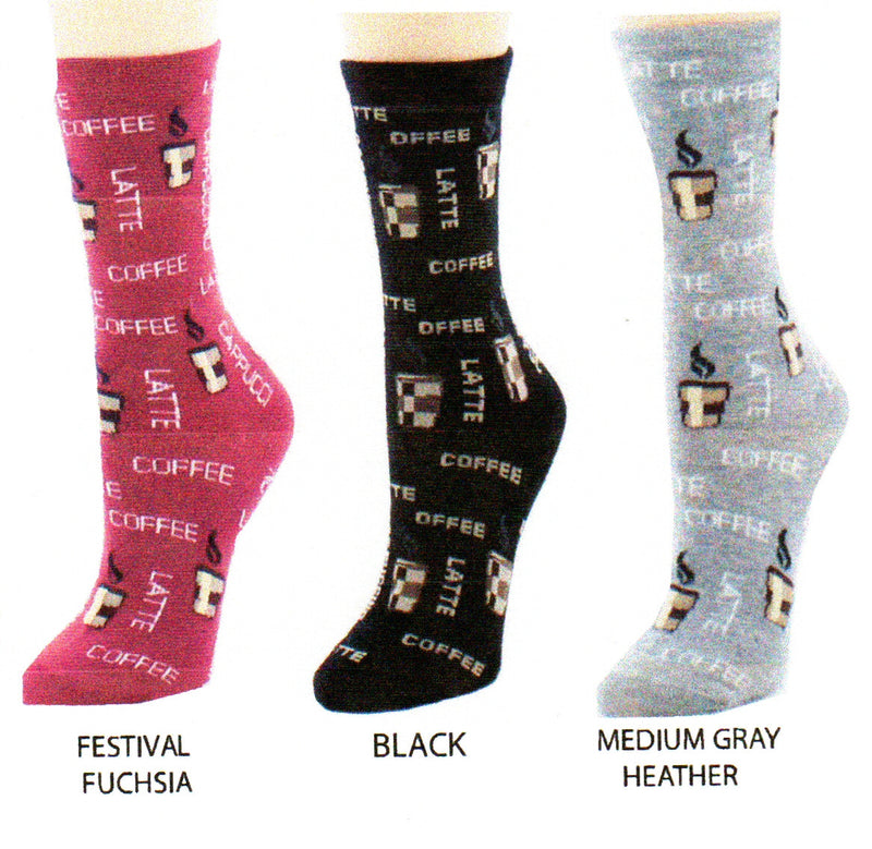 Me Moi Coffee Time Bamboo Sock comes in three colors Festival Fuchsia, Black and Medium Grey Heather. There are Large Cups with Steam coming out with words all around, they are Coffee, Latte and Cappuccino