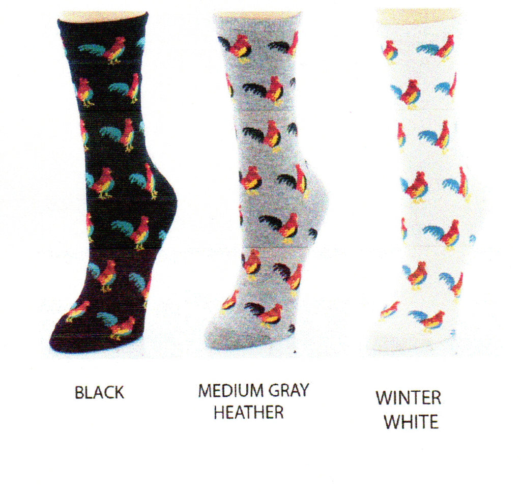 Me Moi Bamboo Rooster Socks come in Black, Medium Grey Heather and Winter White. The Roosters on the Black and Winter White are the same using Teal and Mustard Colors along with Red and Maroon. The Medium Grey Heather is Red, Maroon Mustard and Black.