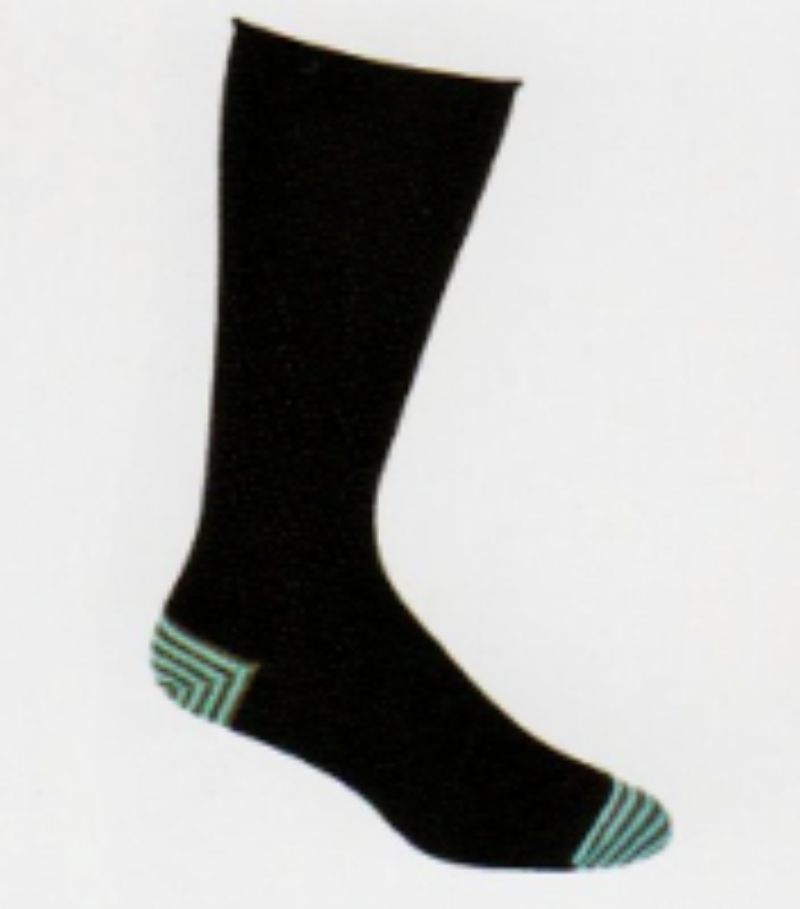 Comfort in a Basic Black Sock by Ozone which is not so basic. No one will know but you that you have Light Teal and Grey Stripes on the Heels and Toes.
