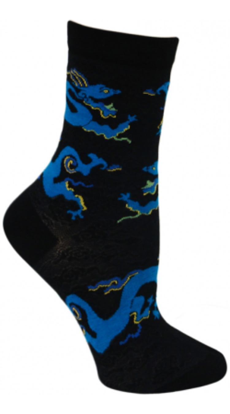 Ozone Dragon Dance Sock on a Black background a Bright Blue Serpent Dragon with Yellow and Grey around it. Green makes up its spikes for teeth.