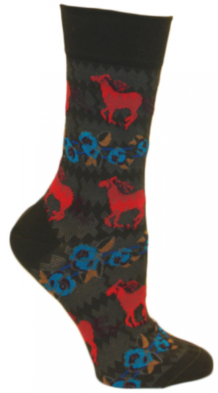 Ozone Horse Stripes Sock Grey background has a cuff that ruffles. It also has burnout at the picket fences. The Horses are Magenta with Purple Tails, Hooves and Manes. They are shown in a full Gallop. The next row is a row of Turquoise Rose with Purple and Cerulean Blue lines and Camel leaves.