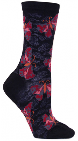 Ozone Origami Butterfly Sock Black background has the Origami Butterfly made with Magenta, Maroon and White on the Wings and the body is Rust. The wings look to be painted with the designs. When you wear the Sock it becomes open with lace burnout flowers that attracts the Butterfly to it.