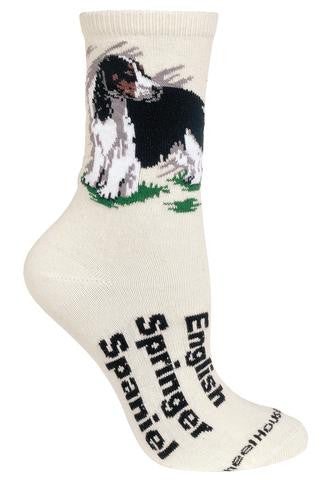 Wheel House Designs English Springer Spaniel Sock on a Natural background for this designer group. It has the Name of the English Springer Spaniel on the foot and a picture of the Dog on the Ankle Cuff.