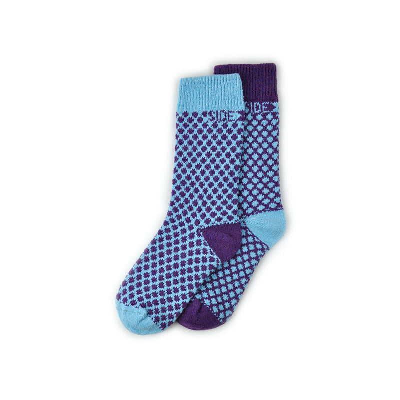 Side Kick Adult Crew Jamison Crush Sock is a Mismatched Sock in Purple and LIght Blue.  The Cuffs, Heels and Toes are Solid Colors.