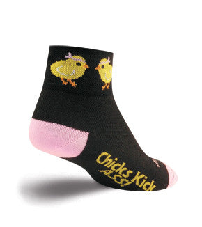 SockGuy with Kung Fu fighting Chicks in Yellow with Pink Heels and Toes with "Chicks Kick Ass" on the Bottom. Rest of Sock is Black.