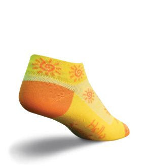SockGuy Sunshine Sock has Sun Graphics over the Sock and on the Cuff in Bright Orange. The Heel and Toes are Bright Orange and the Words on the Instep say, "Hello Sunshine".