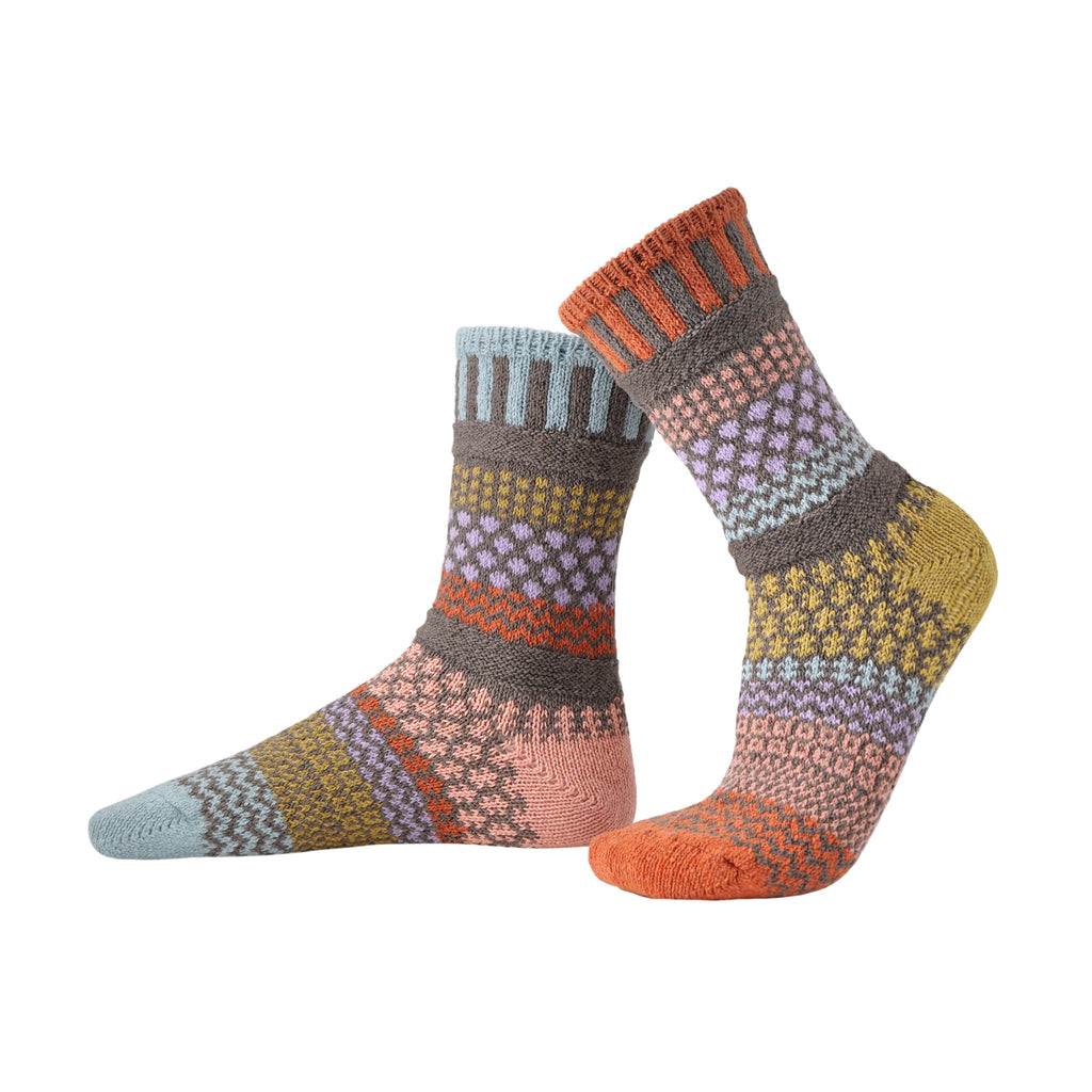 Solmate Adult Crew Olive Sock is Mismatched on Purpose! Colors are Burnt Orange, Peach, Light Purple, Sky Blue. Dark Grey, and Moss Grey.