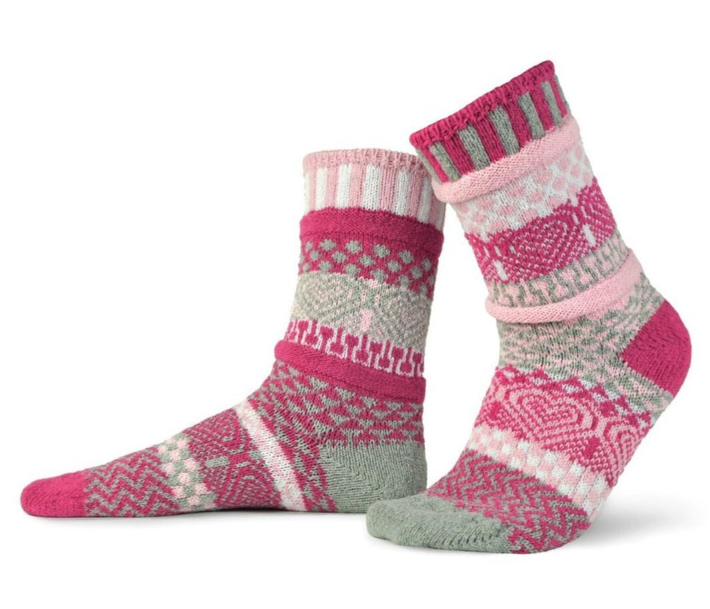 Solmate Adult Crew Cupid Sock has Hearts at the Ankles and on the Foot. Colors are Light Pink, Magenta, Grey and White.
