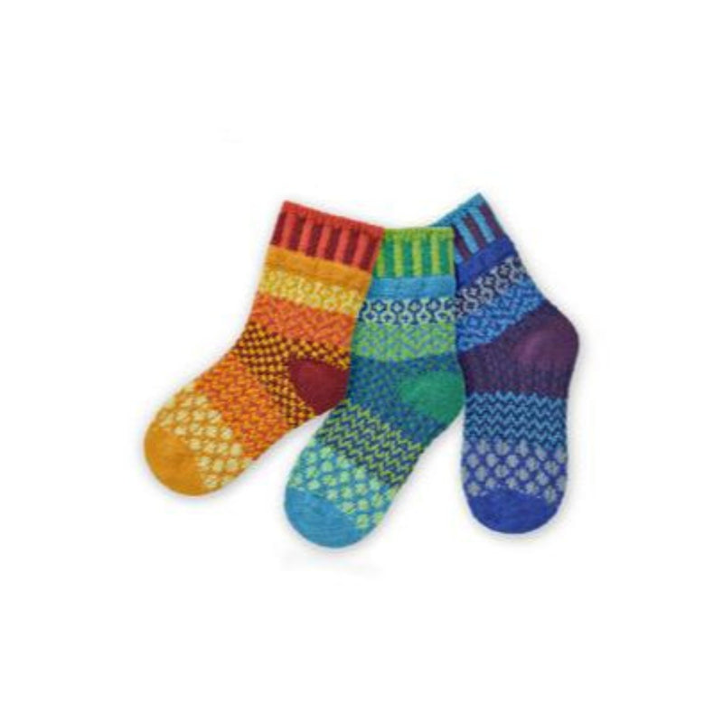 Solmate Kids Crew Prism Socks are One Pair and a Spare! They are Mismatched for fun. The Colors are like the Rainbow Red, Orange, Yellow, Green, Blue, Violet, and Indigo.
