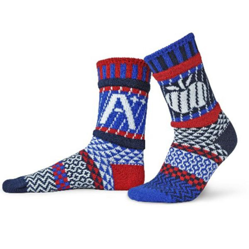 Solmate Adult Teacher Crew Socks are Red, Royal Blue, Navy and White. Special Graphics for the Teacher. One is an Apple and the other is an A ++.