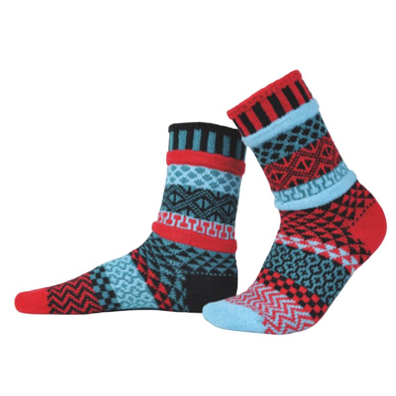Solmate Socks Stellar Series Mars is all about the fourth planet in the Solar System. The Red planet. This Sock has Cherry Red, Luna Blue and Black in the Stellar Graphics.