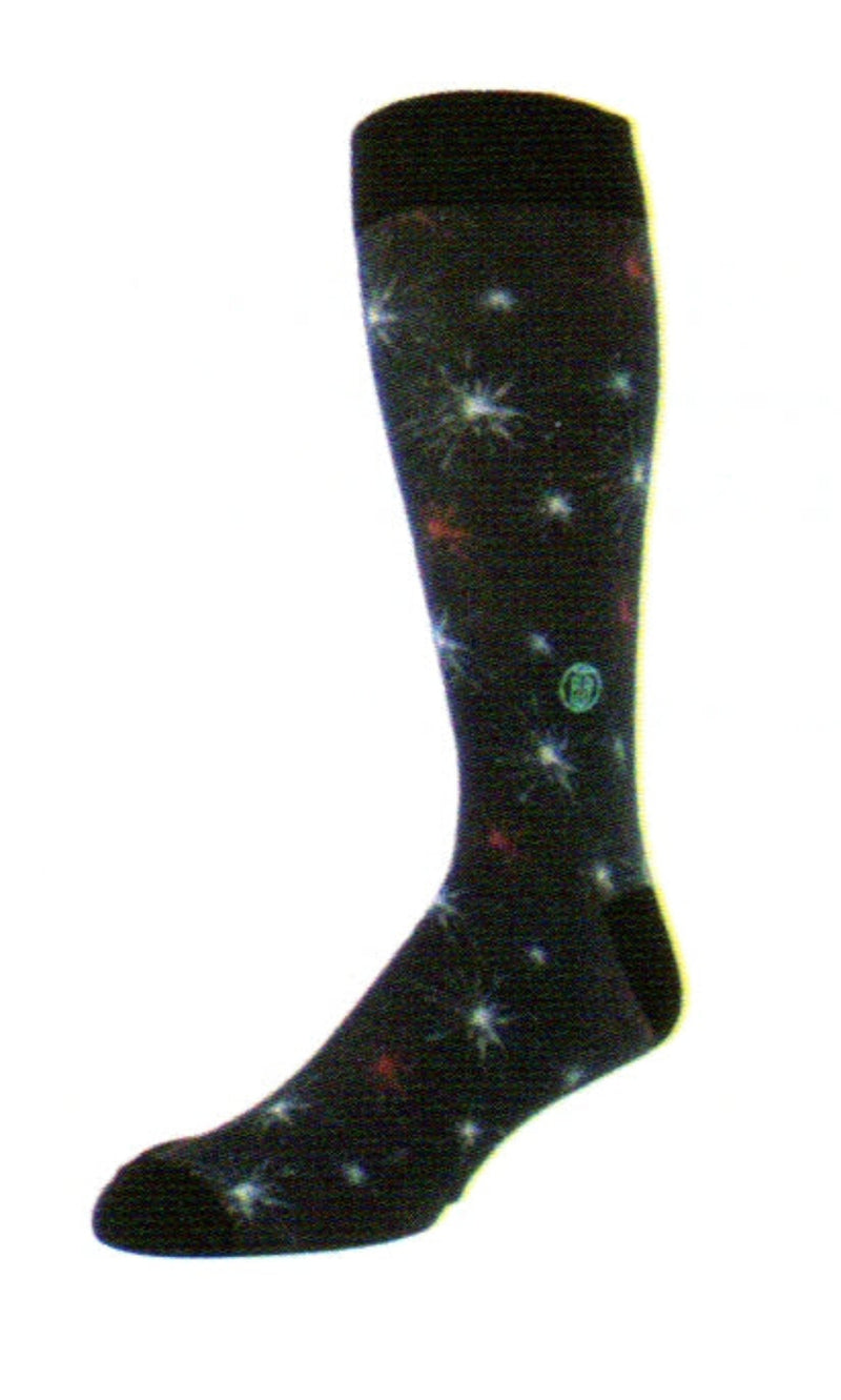 Tall Order The Bobby Sock has Black Cuffs, Heels and Toes. The background of the Sock is Navy. On this Sock in various Size and Colors are Fireworks. The are Red White and Blue.