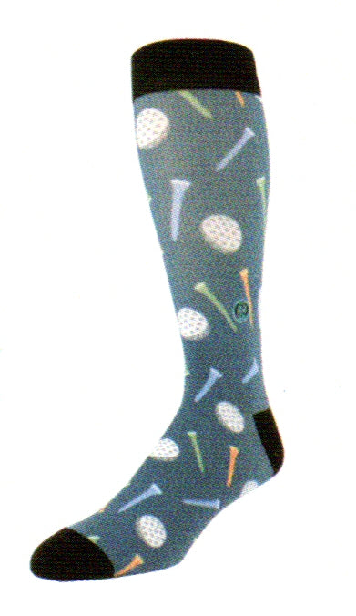 Tall Order The David Sock has Black Cuffs, Heels and Toes. The background is Teal. All over the Sock are Light Blue, Orange and Green Tees. What goes great with Tees are Golf Balls White and Light Grey.