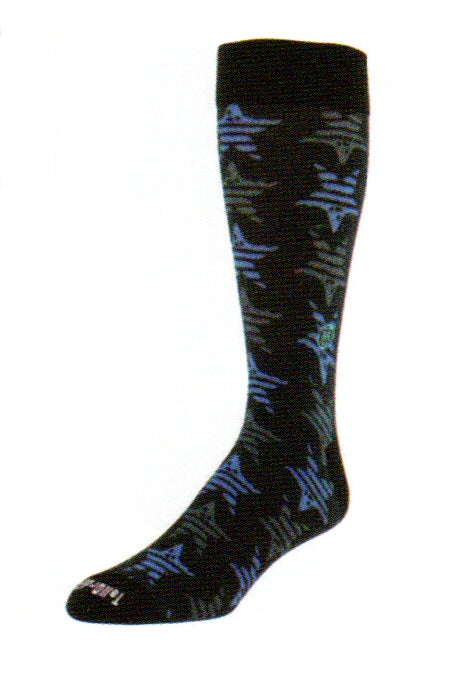 Tall Order Stuie Sock Blue is made with Black Cuffs, Heels and Toes Black background and Blue and Medium Grey Stars with Black Lines running through them.