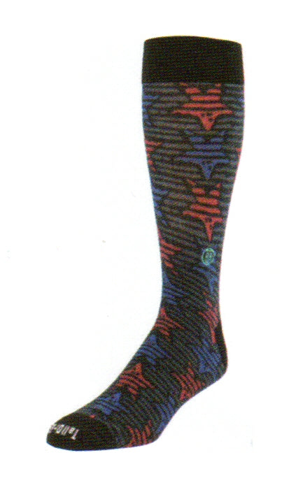 Tall Order The Stuie Red Sock starts with Black Cuffs, Heels and Toes. On a Medium Grey background are Red and Indigo Stars with Black Lines running through them.