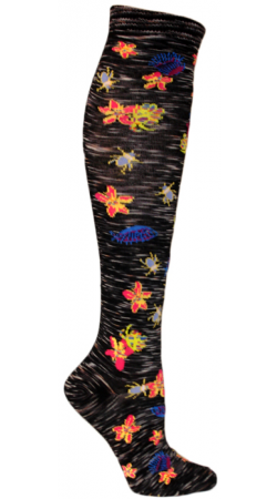 Ozone Venus Fly Trap Knee High Sock starts on a Grey and White background with Bright Flowers in Bright Colored Yellows, Oranges and Pinks. The trap part of the sock is Purple, Blue and Fuchsia.