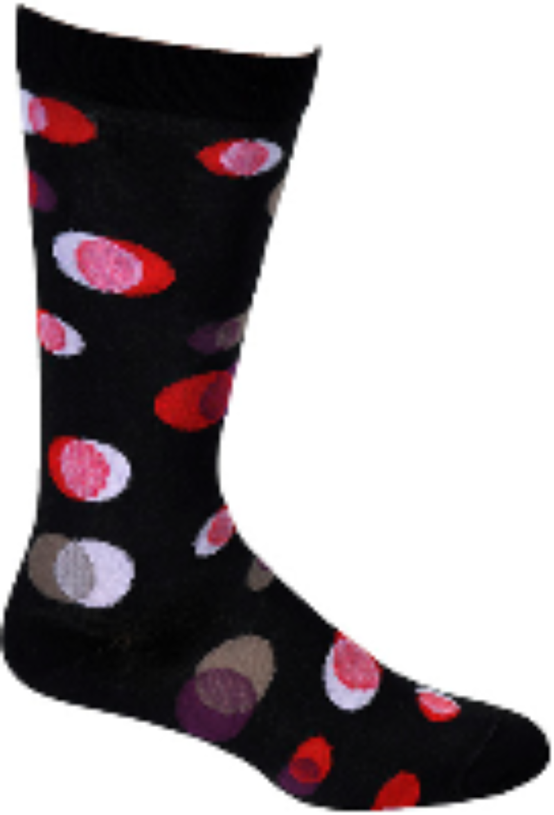 Ozone Waxing and Waning Dress Sock starts on a Black background shows the colors of Red, Lavender, Grey and Purple.  A Red moon like a lunar eclipse.