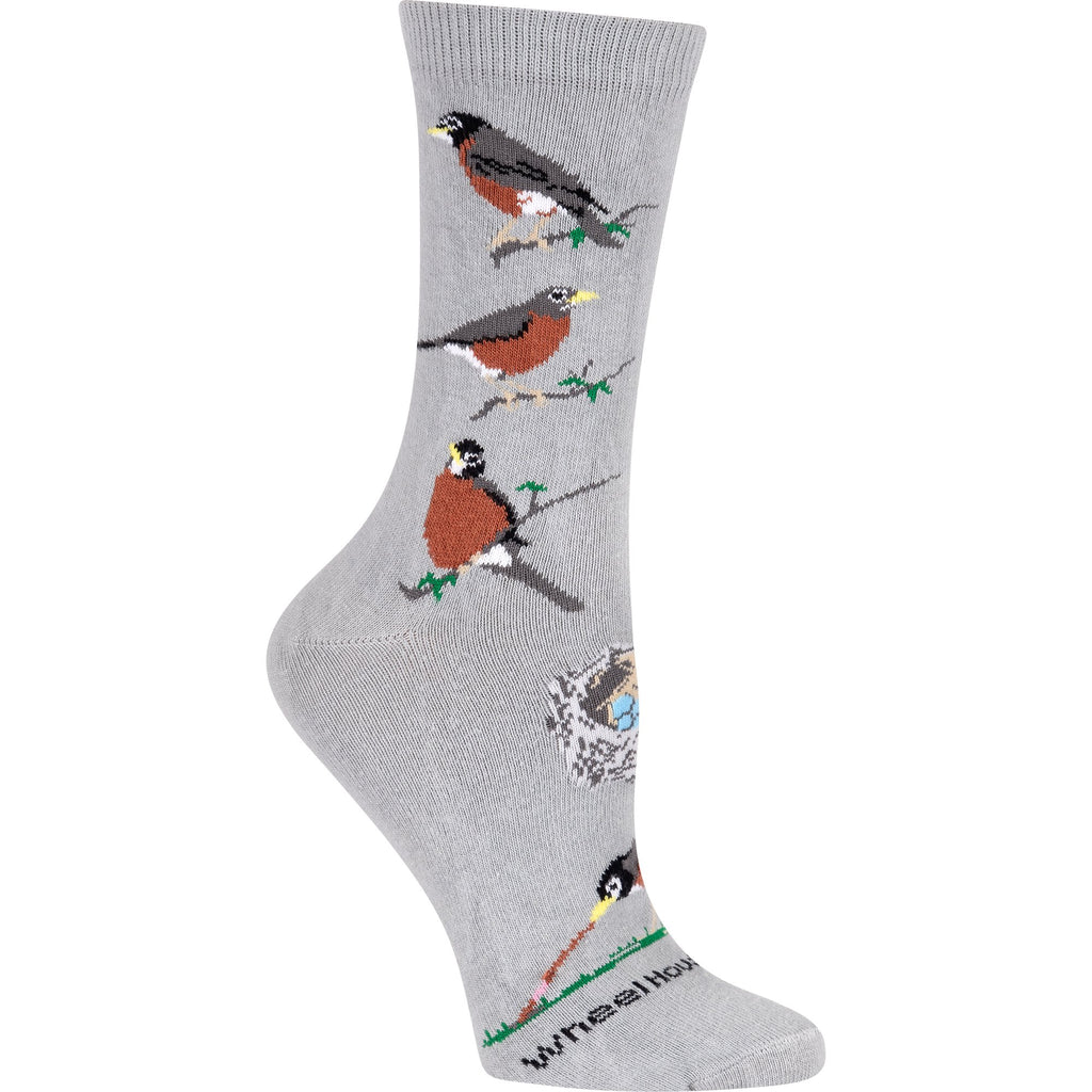 Wheel House Designs Robin on Grey begins with Robins on the Top perched on a twig. Then two more down. On the Top of the Foot is the Robin's Nest of Grey and White with 3 Robin Blue Eggs. At the Toe you find a Robin on Green Grass pulling out an Earthworm for Breakfast.