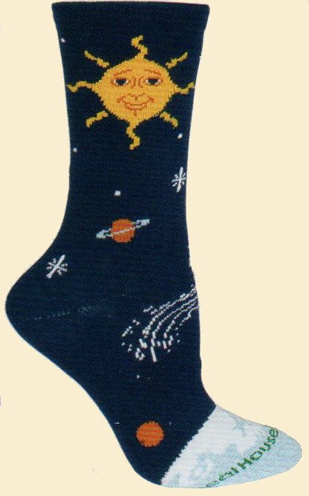 Wheel House Designs Solar System Sock has our Earth at the Toe. Then Space above. It shows the Sun and Moon and Stars. Has a few Planets and Comets too.