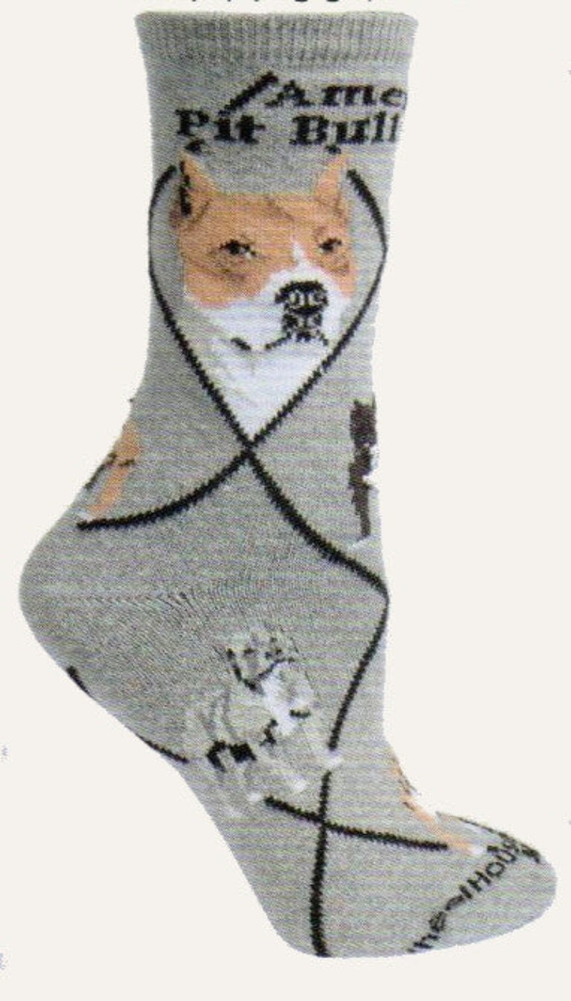 On a Grey Background are Bold Black Print reading American Pit Bull Terrier. Below this are Profiles of the Dogs. Along with Black Diamond Lines are Poses of different colored American Pit Bull Terriers being themselves, Cute!