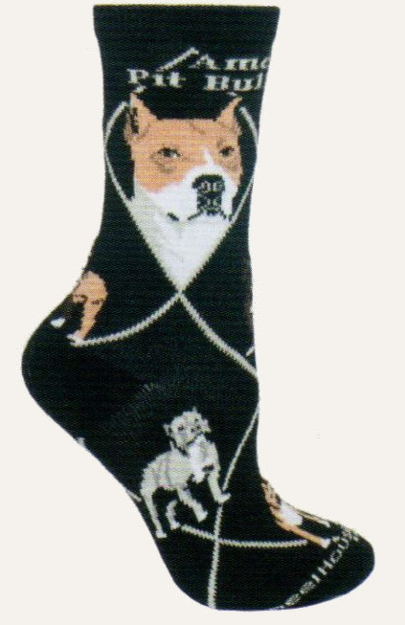 American Pit Bull Terrier the name on this sock below the cuff. The background is Black and the different colors of the Pit Bull jump off the black very nicely.
